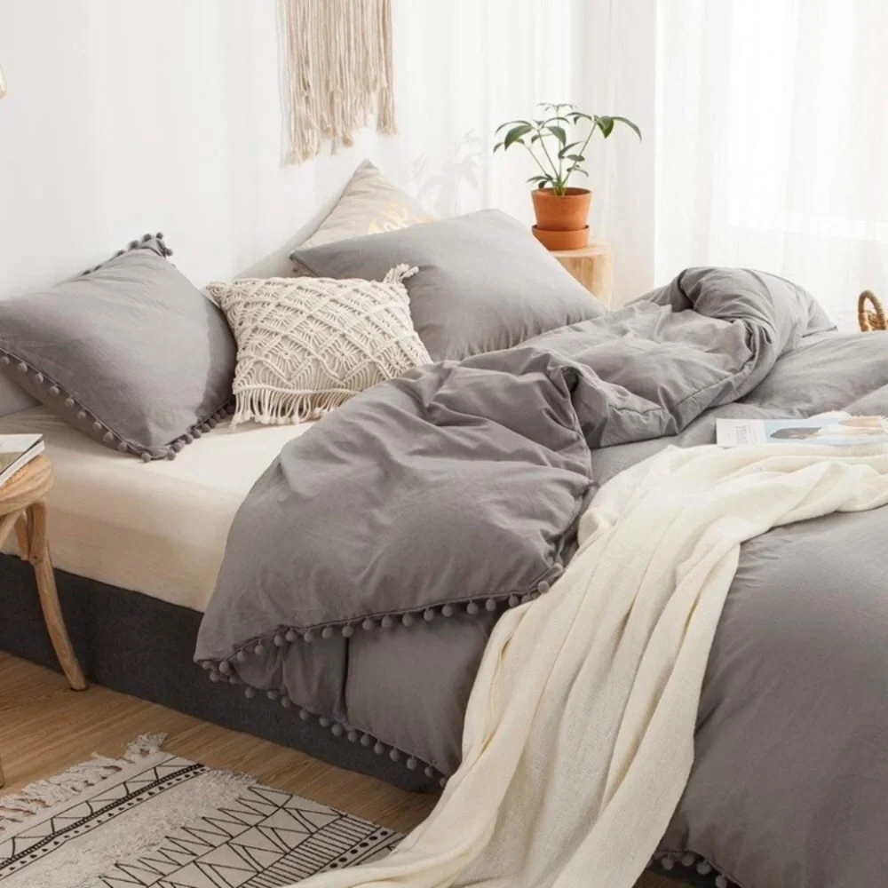 New GREY Pom Pom Fringe Duvet Cover Set